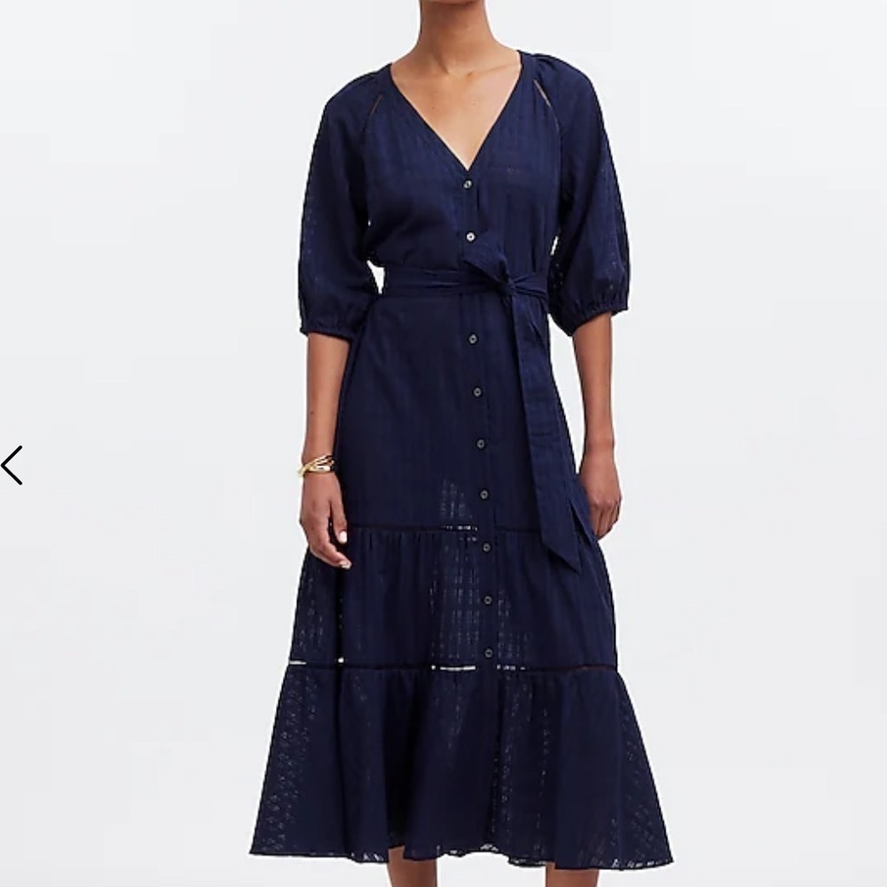 Madewell Tie-Waist Tiered Midi Dress in Windowpane